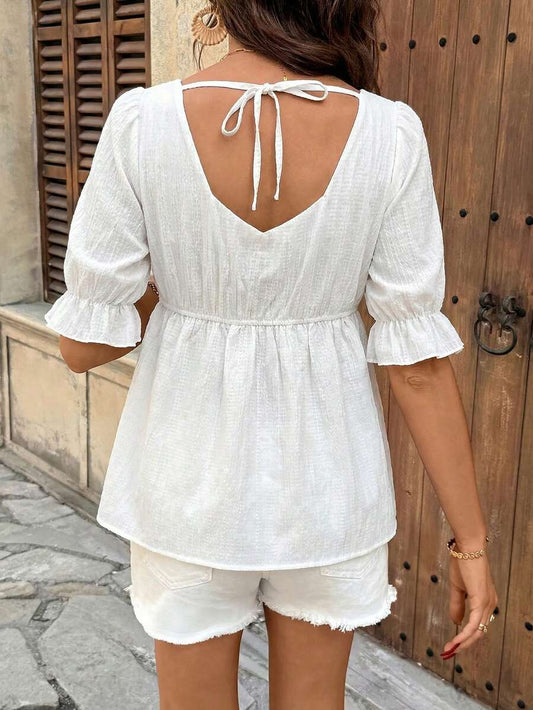 White Square Neck Maternity Peplum Top - Solid Color Half Petal Sleeve Blouse - Casual Flared Hem Longline Shirt for Beach and Daily Wear