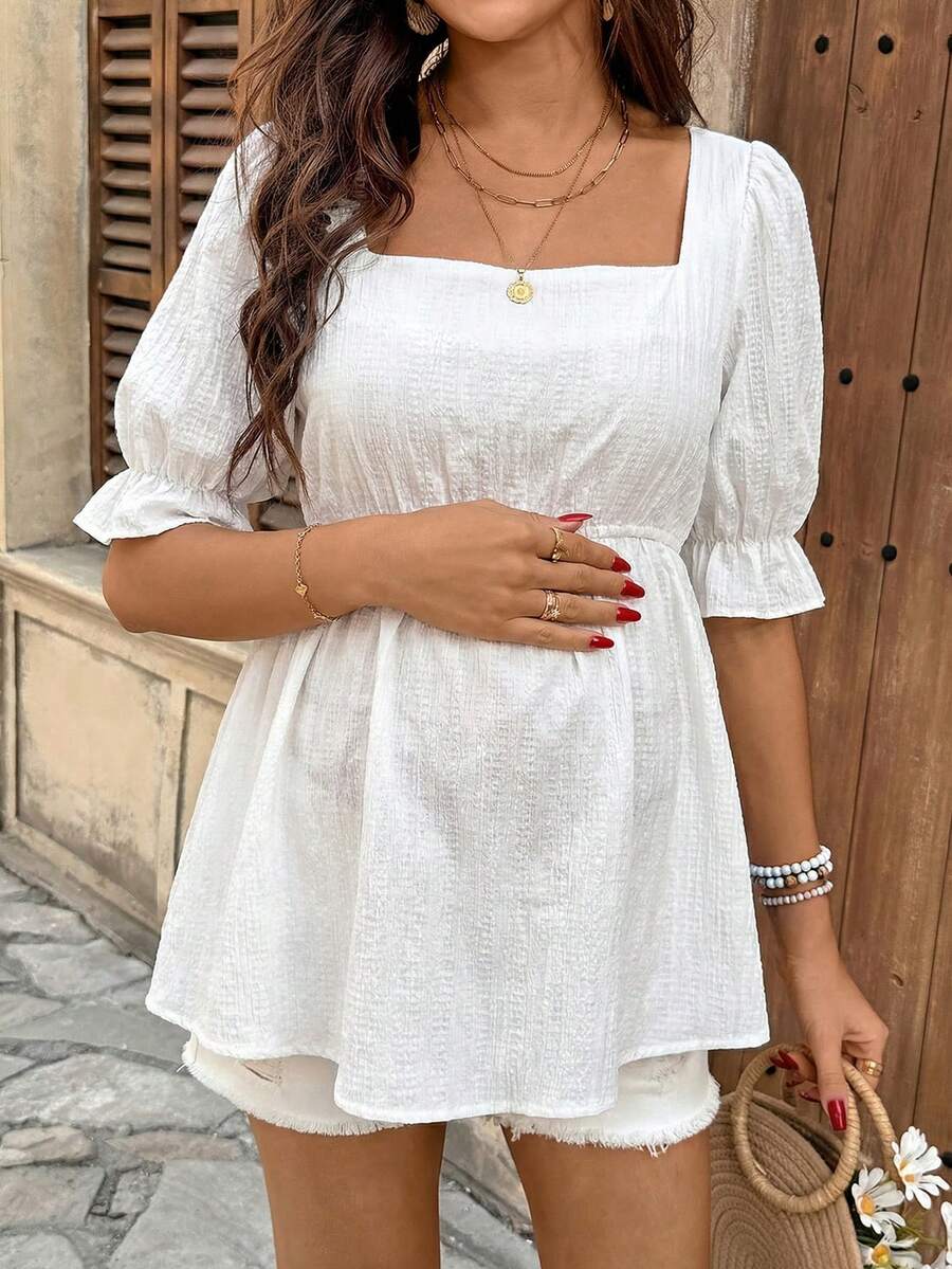 White Square Neck Maternity Peplum Top - Solid Color Half Petal Sleeve Blouse - Casual Flared Hem Longline Shirt for Beach and Daily Wear