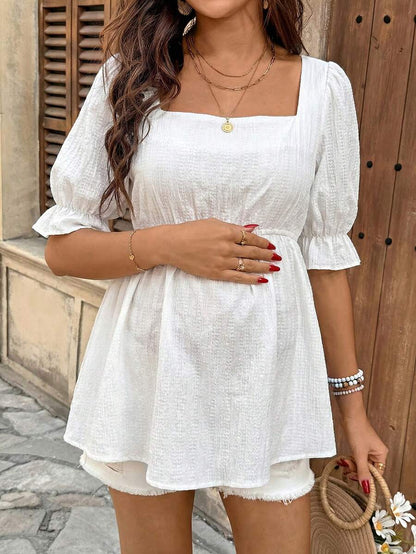White Square Neck Maternity Peplum Top - Solid Color Half Petal Sleeve Blouse - Casual Flared Hem Longline Shirt for Beach and Daily Wear