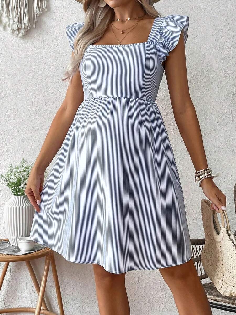 Pink Floral Maternity Square Neck Dress with Ruffle Flounce Sleeves and Boho High Waist A-Line Flare Hem Silhouette