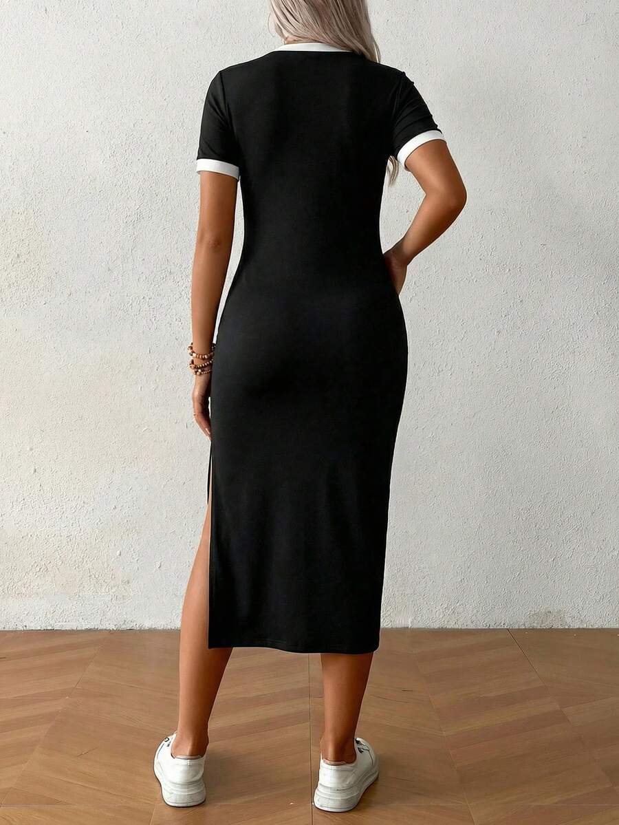 Maternity Summer Casual Sports Commuting Contrast Trim Short Sleeve High Slit Hem Fitted Dress