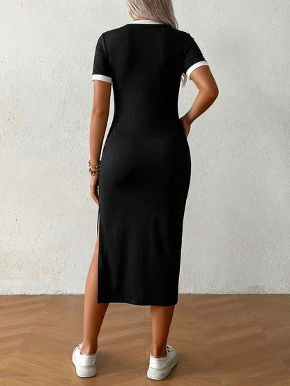 Maternity Summer Casual Sports Commuting Contrast Trim Short Sleeve High Slit Hem Fitted Dress