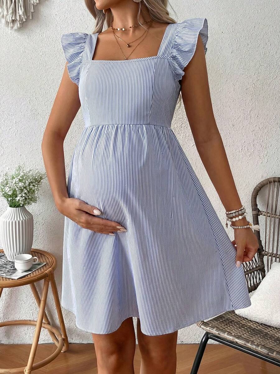 Pink Floral Maternity Square Neck Dress with Ruffle Flounce Sleeves and Boho High Waist A-Line Flare Hem Silhouette