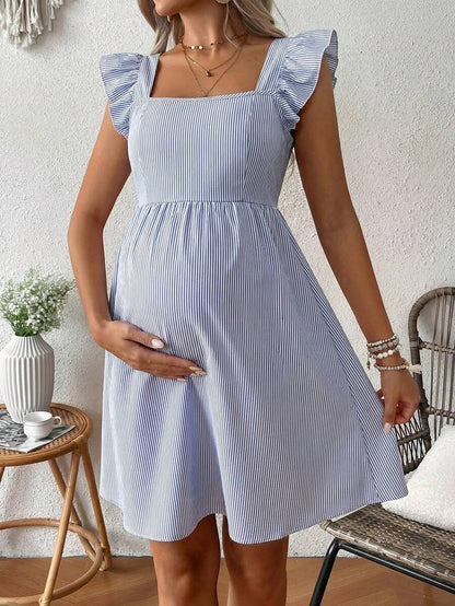 Pink Floral Maternity Square Neck Dress with Ruffle Flounce Sleeves and Boho High Waist A-Line Flare Hem Silhouette
