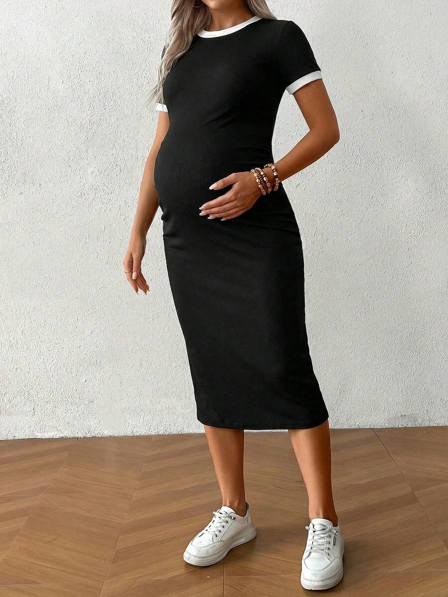 Maternity Summer Casual Sports Commuting Contrast Trim Short Sleeve High Slit Hem Fitted Dress