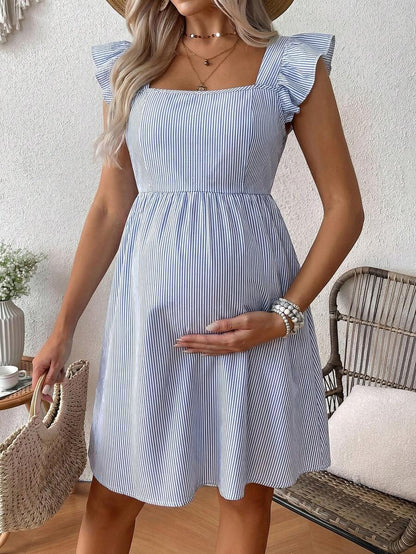 Pink Floral Maternity Square Neck Dress with Ruffle Flounce Sleeves and Boho High Waist A-Line Flare Hem Silhouette