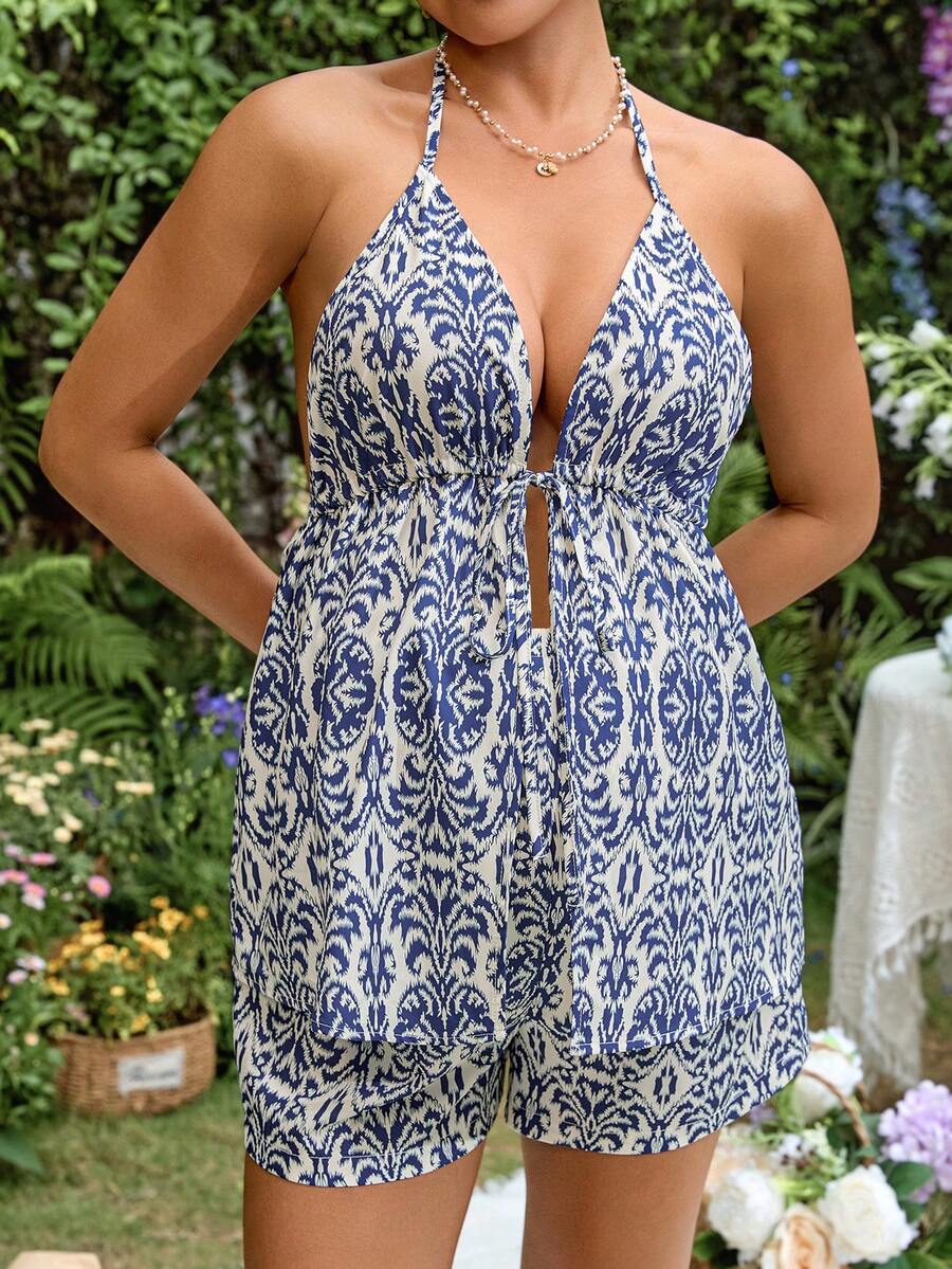 Maternity Vacation Full Print Halter Neck Top And Adjustable Waist Shorts Casual 2 Pieces Set