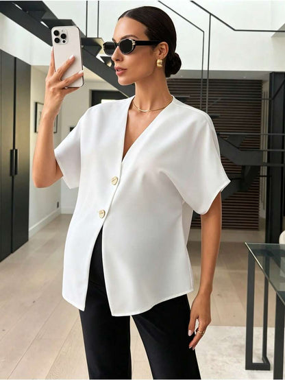 Khaki Color-Blocked Maternity Work Top with Metallic Buttons Elegant V-Neck Batwing Sleeve Commuting and Night Out Blouse