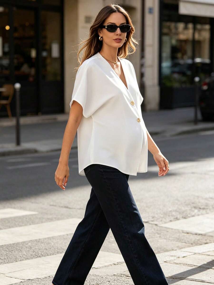Khaki Color-Blocked Maternity Work Top with Metallic Buttons Elegant V-Neck Batwing Sleeve Commuting and Night Out Blouse