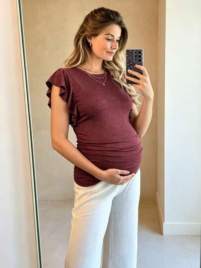 Maternity Red Round Neck Cap Sleeve T-Shirt - Slim Fit Ruffle Flounce Sleeve Knitted Top for Casual Daily Wear