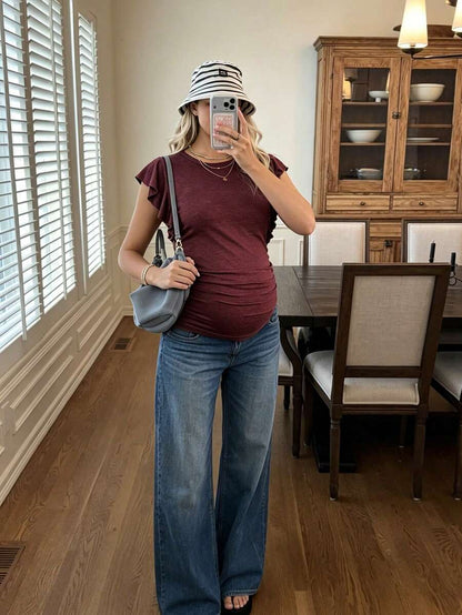 Maternity Ruched T-Shirt - Gray Ruffle Sleeve Crew Neck Soft Stretch Casual, Summer Breastfeeding