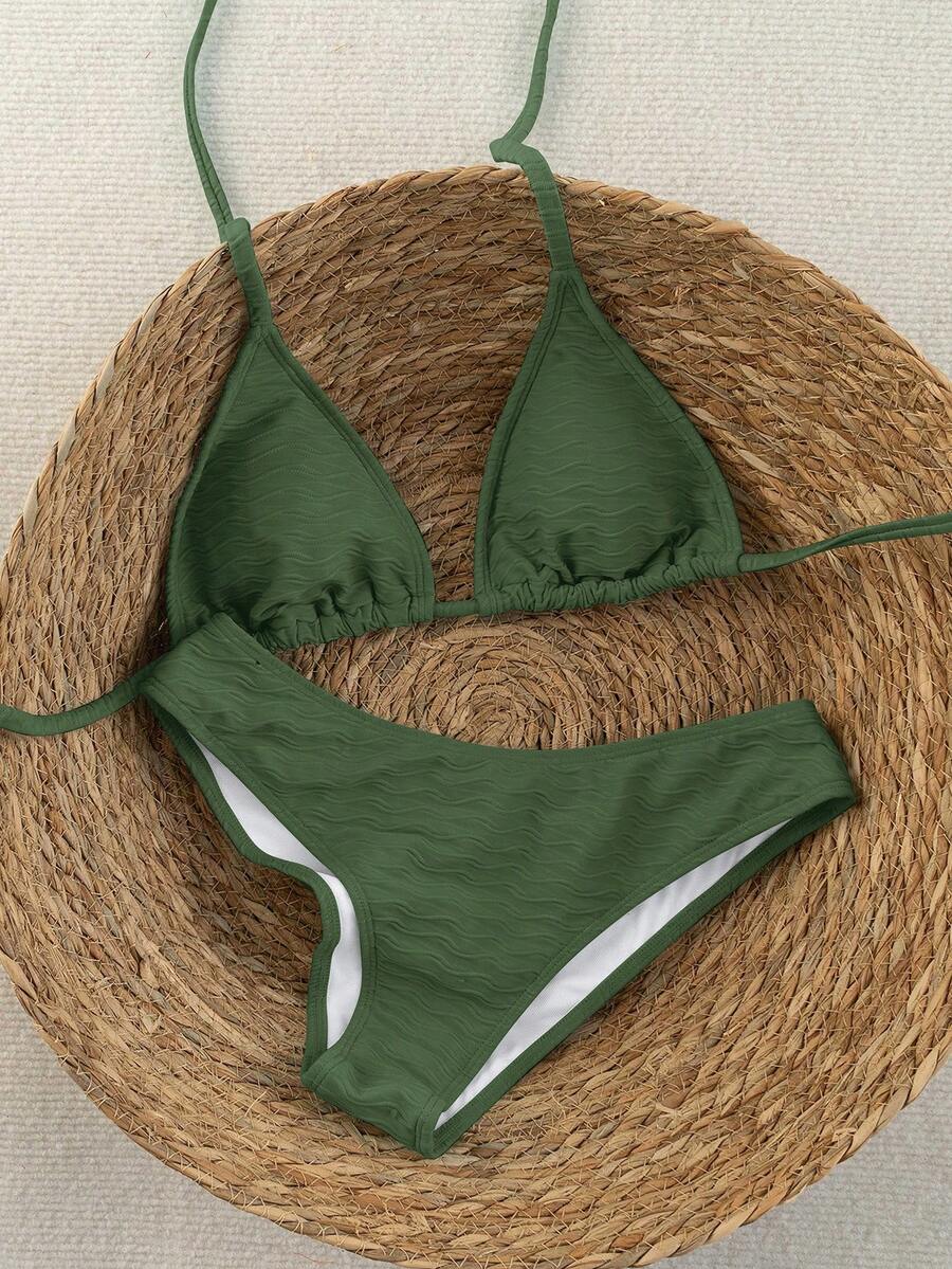 Women's Sporty Triangle Bikini Set - Contrasting Trim, Criss Cross, Spaghetti Strap, Navy Blue