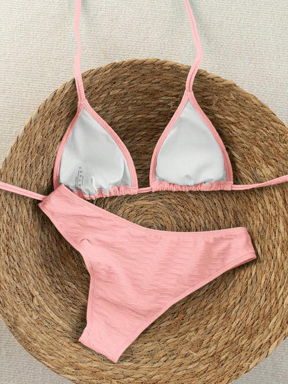 Women's Sporty Triangle Bikini Set - Contrasting Trim, Criss Cross, Spaghetti Strap, Navy Blue