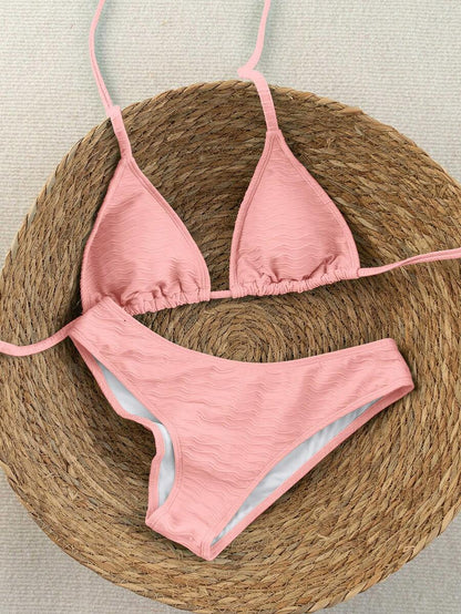 Women's Sporty Triangle Bikini Set - Contrasting Trim, Criss Cross, Spaghetti Strap, Navy Blue