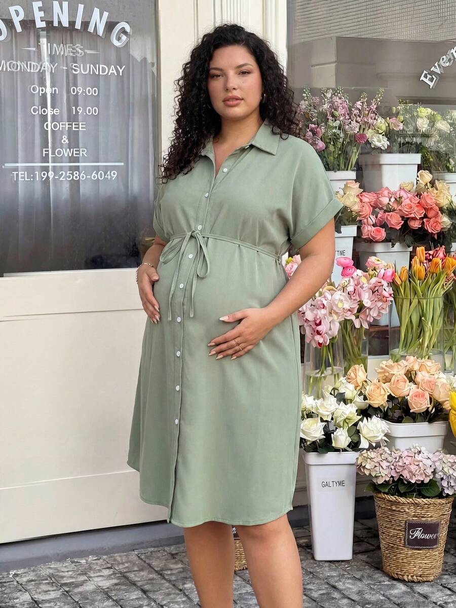 Plus Size Maternity Shirt Dress - Collar, Batwing Short Sleeve, Button Front, Knee Length, Green