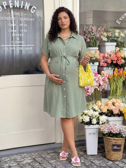 Plus Size Maternity Shirt Dress - Collar, Batwing Short Sleeve, Button Front, Knee Length, Green