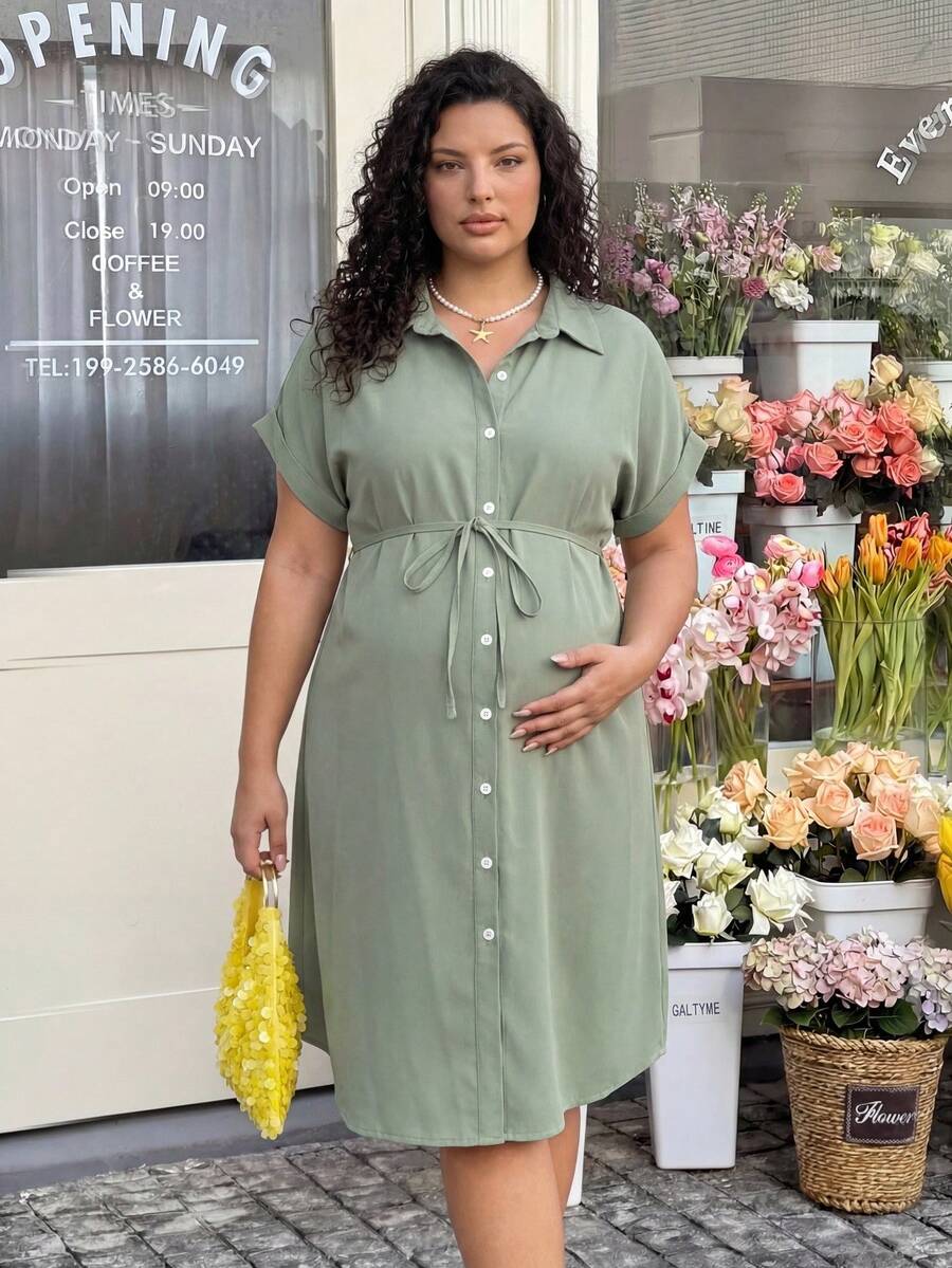 Plus Size Maternity Shirt Dress - Collar, Batwing Short Sleeve, Button Front, Knee Length, Green