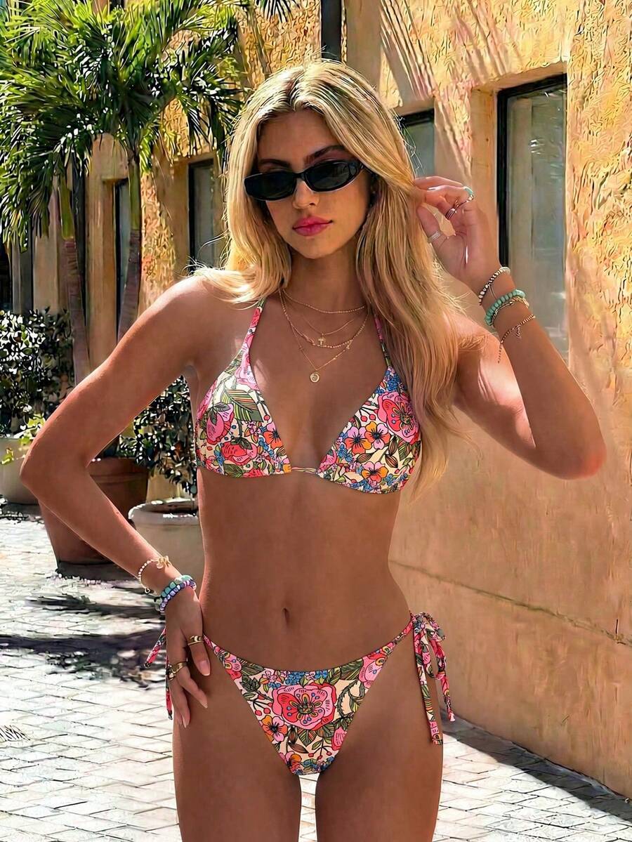 Swim Vcay Women's Summer Beach Contrast Color Halter Tie Sexy Bikini And Triangle Panty Swimwear Set Blue Bikini Yacht Party Outfit Vacation Bikini Boat Party Outfit Women Tie Side Bikini Triangle Bikini Set Light Blue Bikini