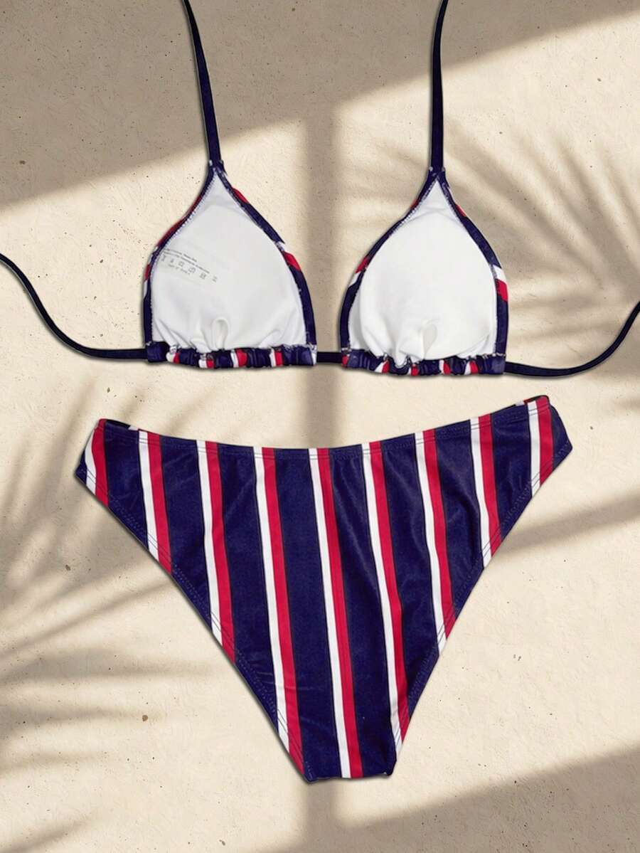 Swim Mod Women's Pink Polka Dot Print Halter Neck Low Waist Triangle Bikini Set, Summer Sexy Spring