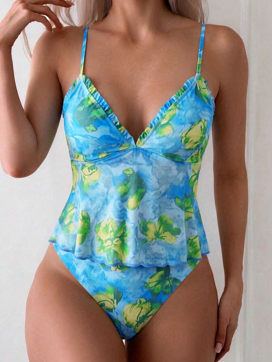 Women's 2-Piece Floral Camisole Bikini Set - Spaghetti Strap, Frill Trim, Hipsters, Multicolor