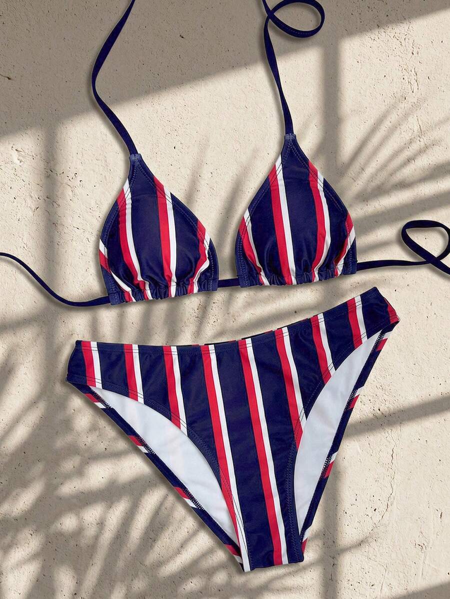 Swim Vcay Women's Summer New Contrast Color Striped Sexy Halter Triangle Cup Bikini Set