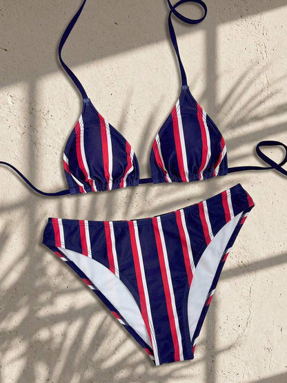 Swim Vcay Women's Summer New Contrast Color Striped Sexy Halter Triangle Cup Bikini Set