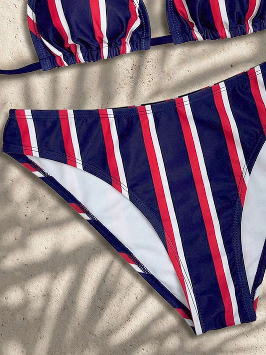 Swim Vcay Women's Summer New Contrast Color Striped Sexy Halter Triangle Cup Bikini Set