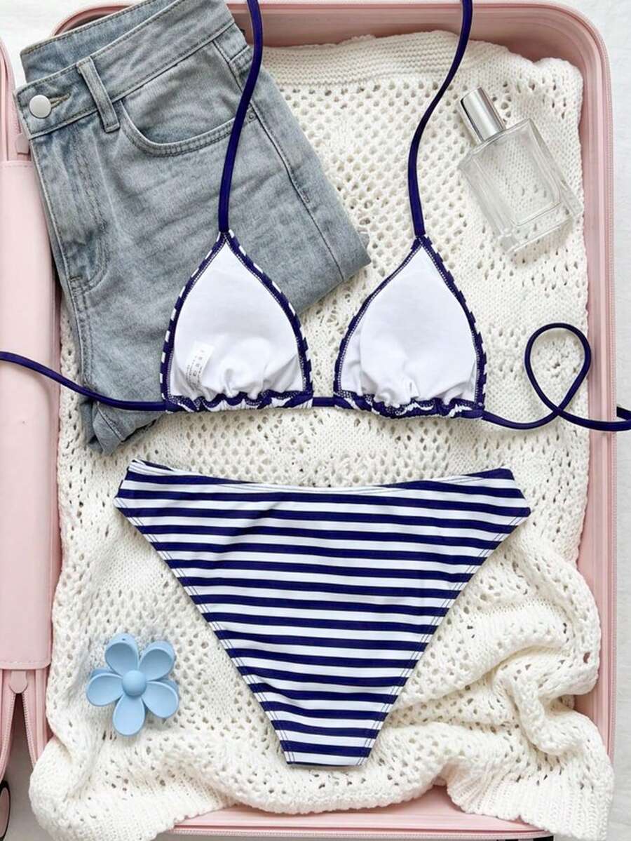 Women's Solid Halter Bikini Set - Lace Up, High Waist, Tie Detail, White