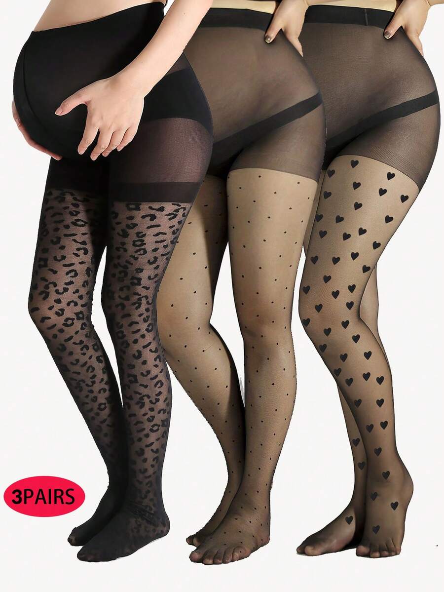 Maternity Pantyhose 3 Pairs - 7 Styles Sexy High Waist Patterned Leopard Heart Polka Dot, Plus Size