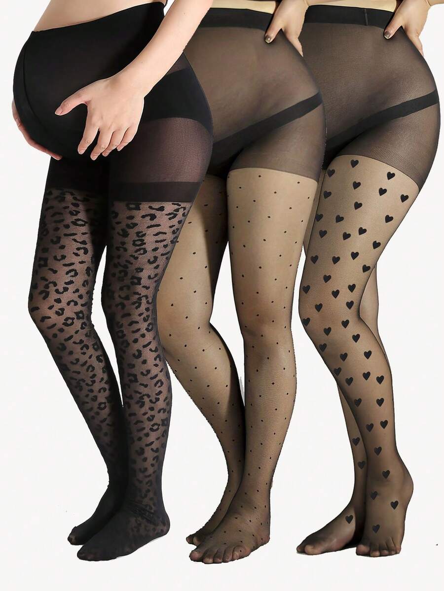 Maternity Pantyhose 3 Pairs - 7 Styles Sexy High Waist Patterned Leopard Heart Polka Dot, Plus Size