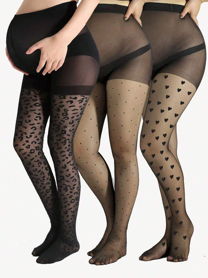 Maternity Pantyhose 3 Pairs - 7 Styles Sexy High Waist Patterned Leopard Heart Polka Dot, Plus Size
