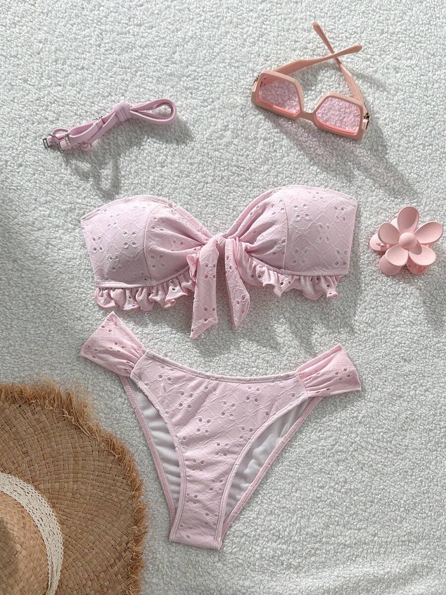 Swim Vcay Spring/Summer Solid Color Strap Jacquard Fabric Wireless Bow Decor Cute Beach Vacation Swimwear Set