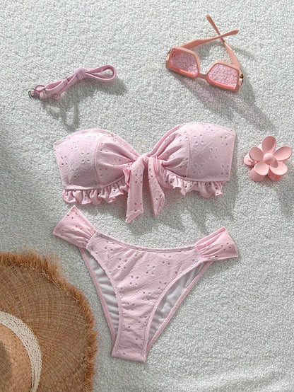 Swim Vcay Spring/Summer Solid Color Strap Jacquard Fabric Wireless Bow Decor Cute Beach Vacation Swimwear Set