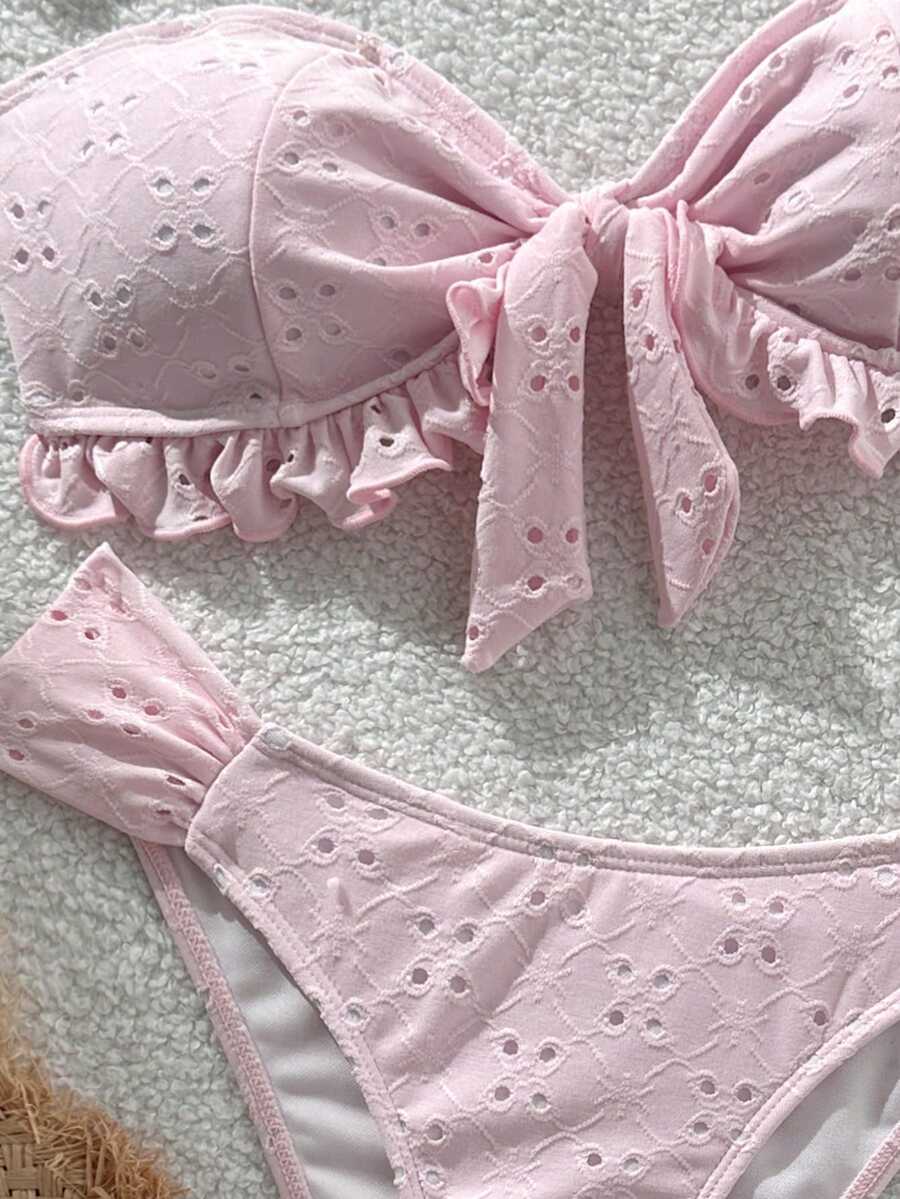 Swim Vcay Spring/Summer Solid Color Strap Jacquard Fabric Wireless Bow Decor Cute Beach Vacation Swimwear Set