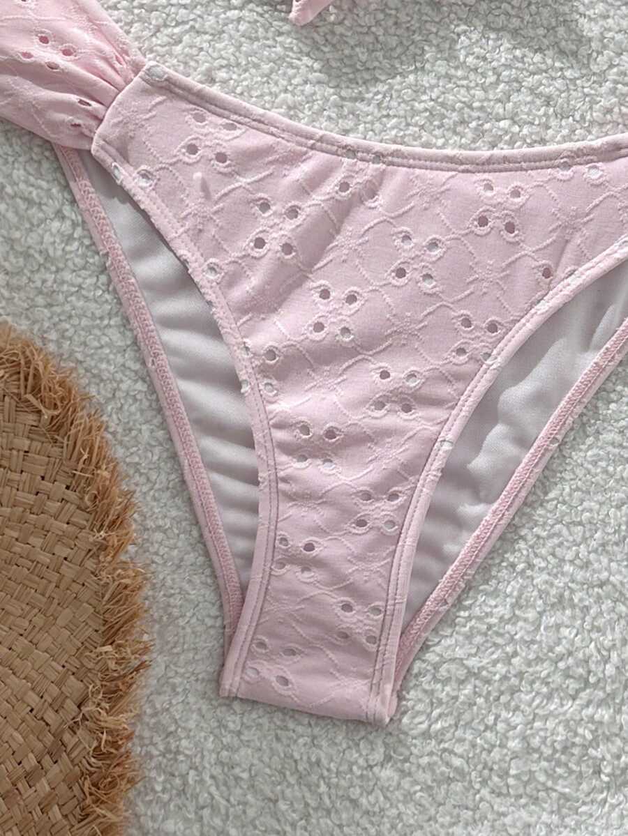 Swim Vcay Spring/Summer Solid Color Strap Jacquard Fabric Wireless Bow Decor Cute Beach Vacation Swimwear Set