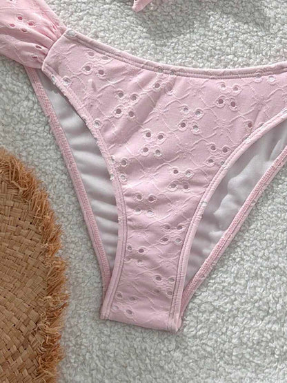 Swim Vcay Spring/Summer Solid Color Strap Jacquard Fabric Wireless Bow Decor Cute Beach Vacation Swimwear Set