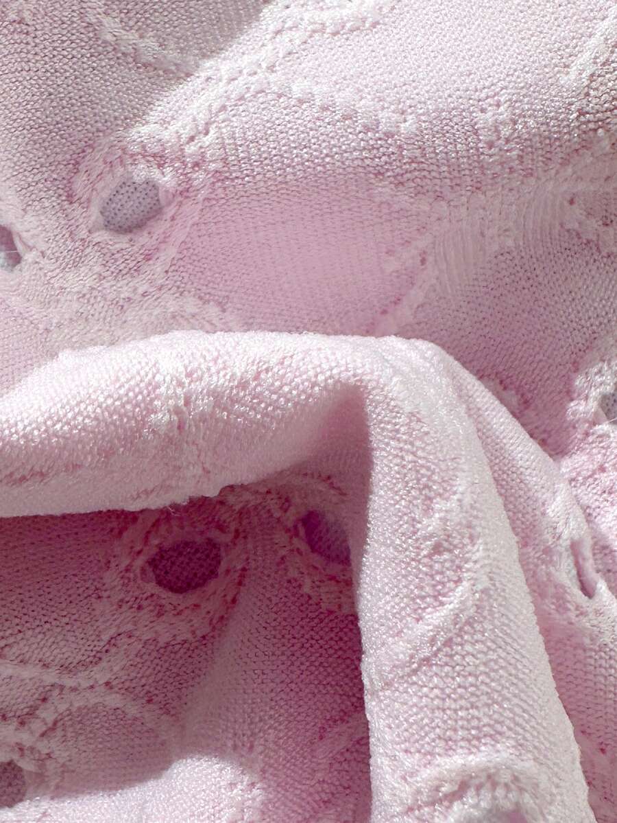 Swim Vcay Spring/Summer Solid Color Strap Jacquard Fabric Wireless Bow Decor Cute Beach Vacation Swimwear Set