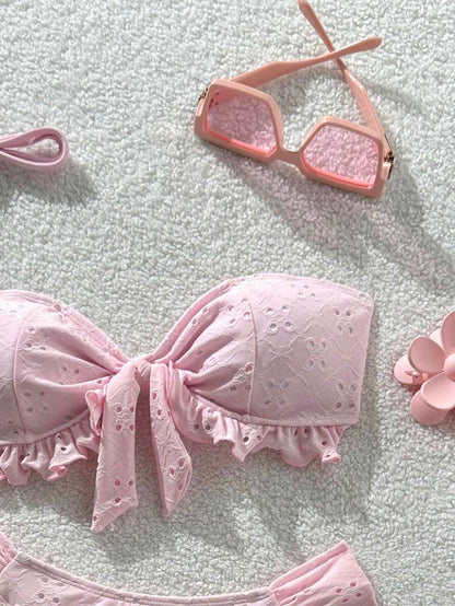 Swim Vcay Spring/Summer Solid Color Strap Jacquard Fabric Wireless Bow Decor Cute Beach Vacation Swimwear Set