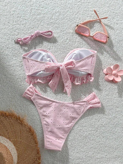 Swim Vcay Spring/Summer Solid Color Strap Jacquard Fabric Wireless Bow Decor Cute Beach Vacation Swimwear Set