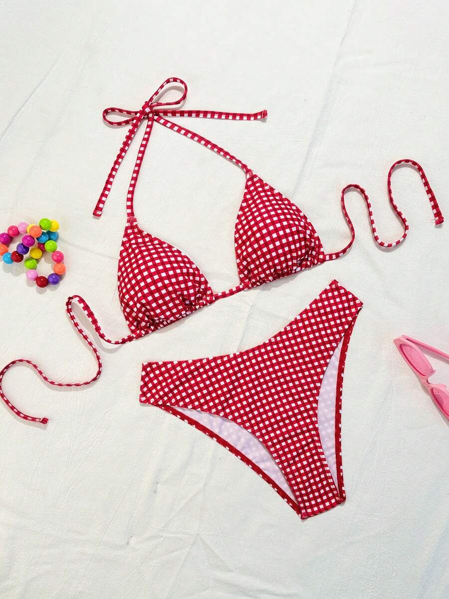 Women's Sporty Triangle Bikini Set - Contrasting Trim, Criss Cross, Spaghetti Strap, Navy Blue