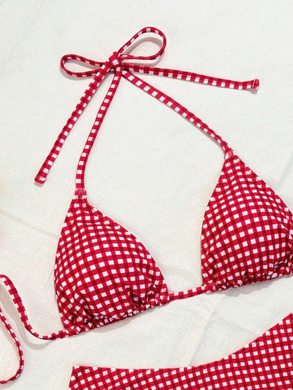 Women's Sporty Triangle Bikini Set - Contrasting Trim, Criss Cross, Spaghetti Strap, Navy Blue