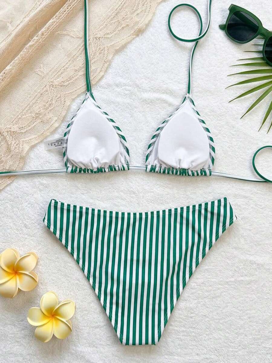 Swim Mod Women's Pink Polka Dot Print Halter Neck Low Waist Triangle Bikini Set, Summer Sexy Spring