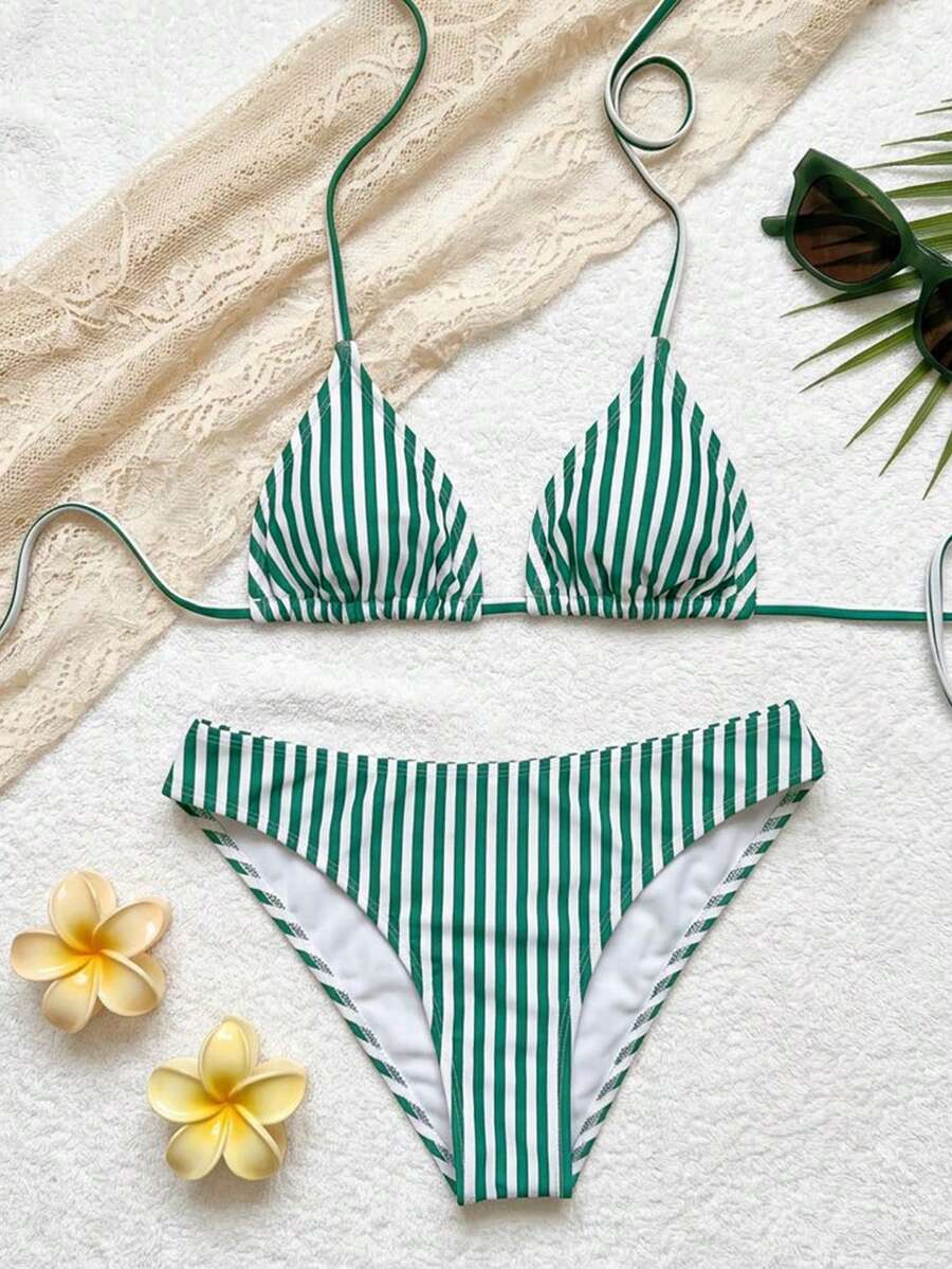 Swim Vcay Women's Summer New Contrast Color Striped Sexy Halter Triangle Cup Bikini Set
