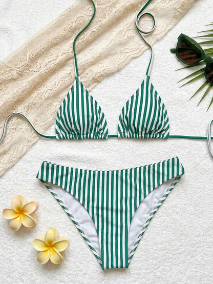 Swim Mod Women's Pink Polka Dot Print Halter Neck Low Waist Triangle Bikini Set, Summer Sexy Spring