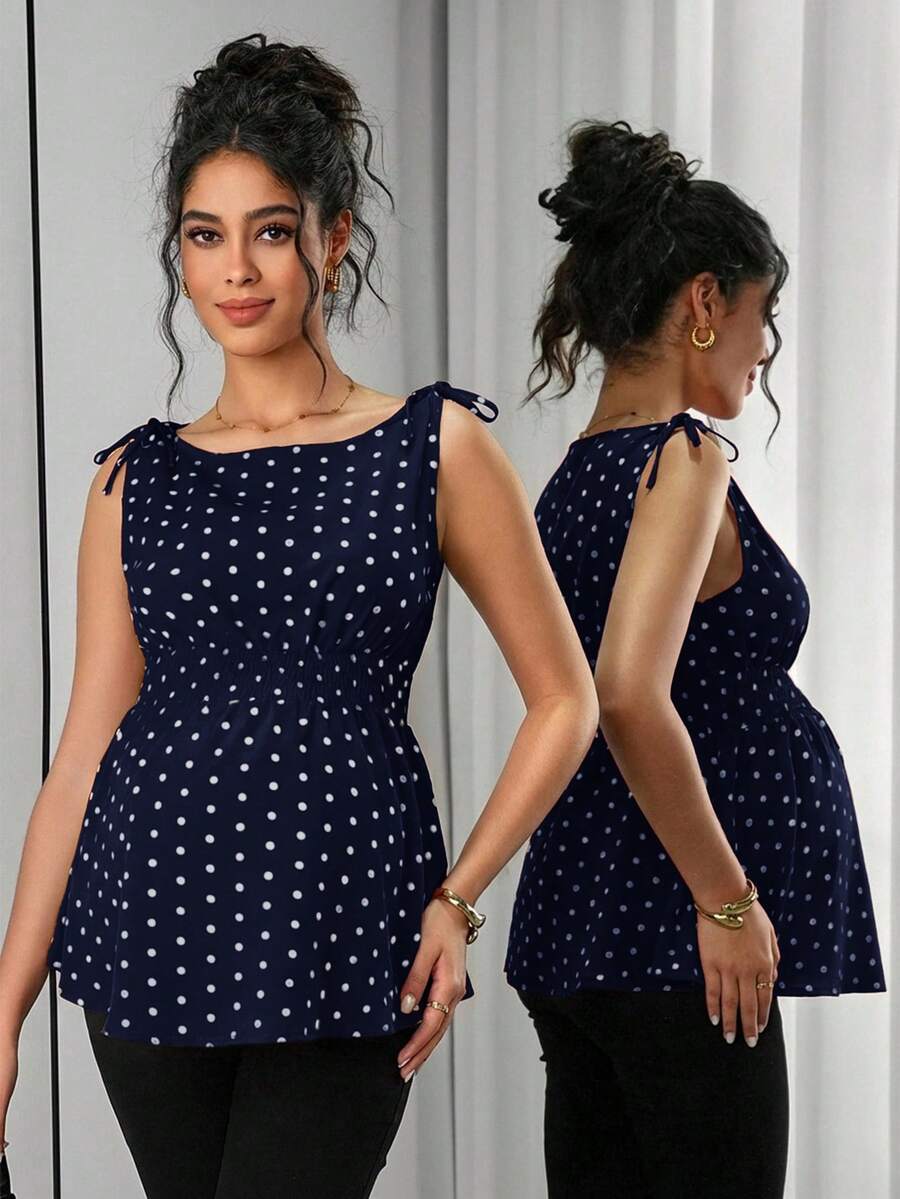 Maternity Polka Dot Print Knotted Shoulder & Waist Tunic - Stylish Geometric Shirred Boat Neck Sleeveless Tank Top in Apricot