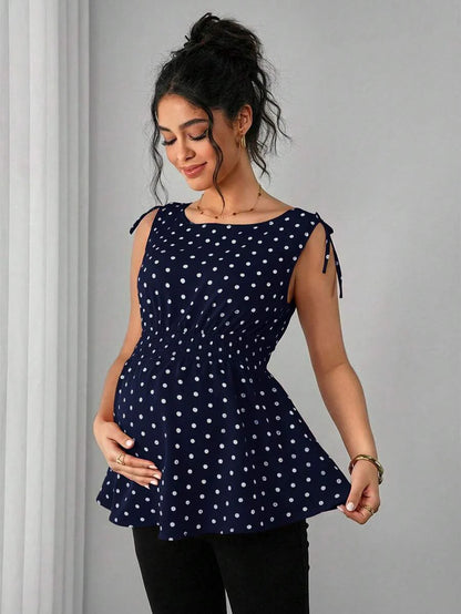 Apricot Geometric Print Shirred Boat Neck Maternity Tank Top - Casual Regular Fit Sleeveless Cami for Home and Everyday Wear