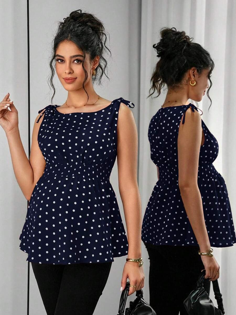 Apricot Geometric Print Shirred Boat Neck Maternity Tank Top - Casual Regular Fit Sleeveless Cami for Home and Everyday Wear