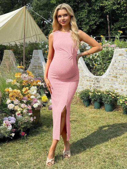 Women's Long Twist Knot Slit Casual Maternity Dress