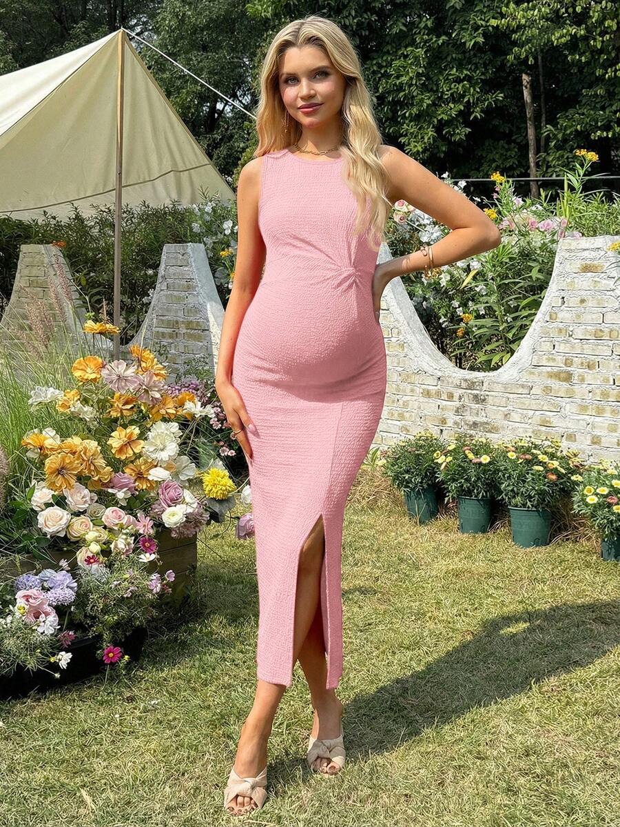 Maternity Long Twist Knot Slit Bodycon Midi Dress Red Sleeveless Round Neck Slim Fit Summer Vacation Outfits for Women