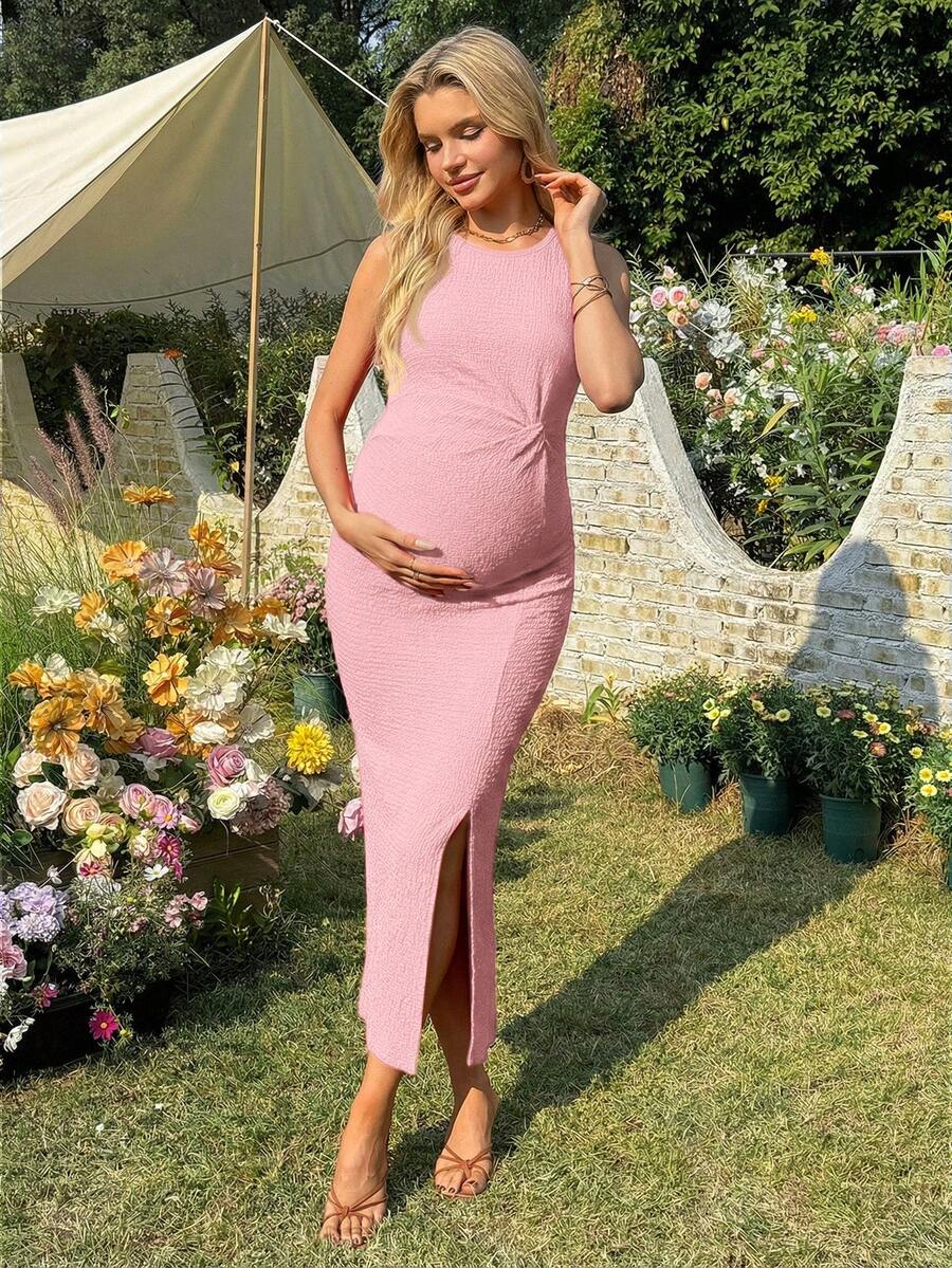 Women's Long Twist Knot Slit Casual Maternity Dress